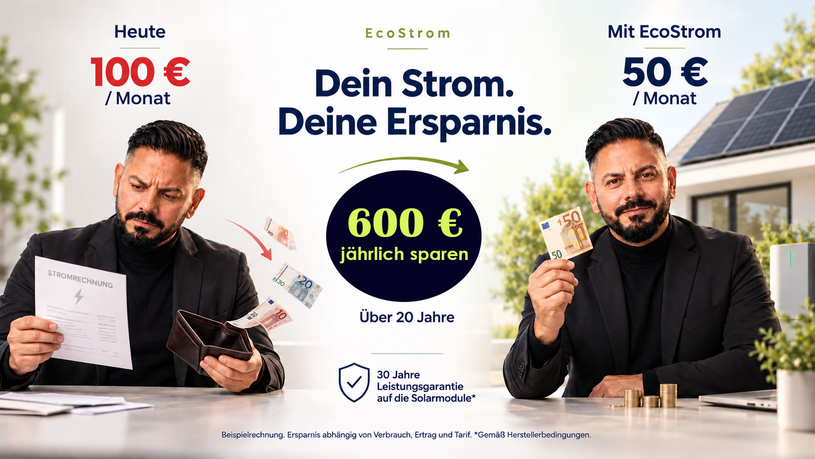 EcoStrom Vergleich: Heute 100 € pro Monat, mit EcoStrom 50 € pro Monat – 50 € monatlich sparen