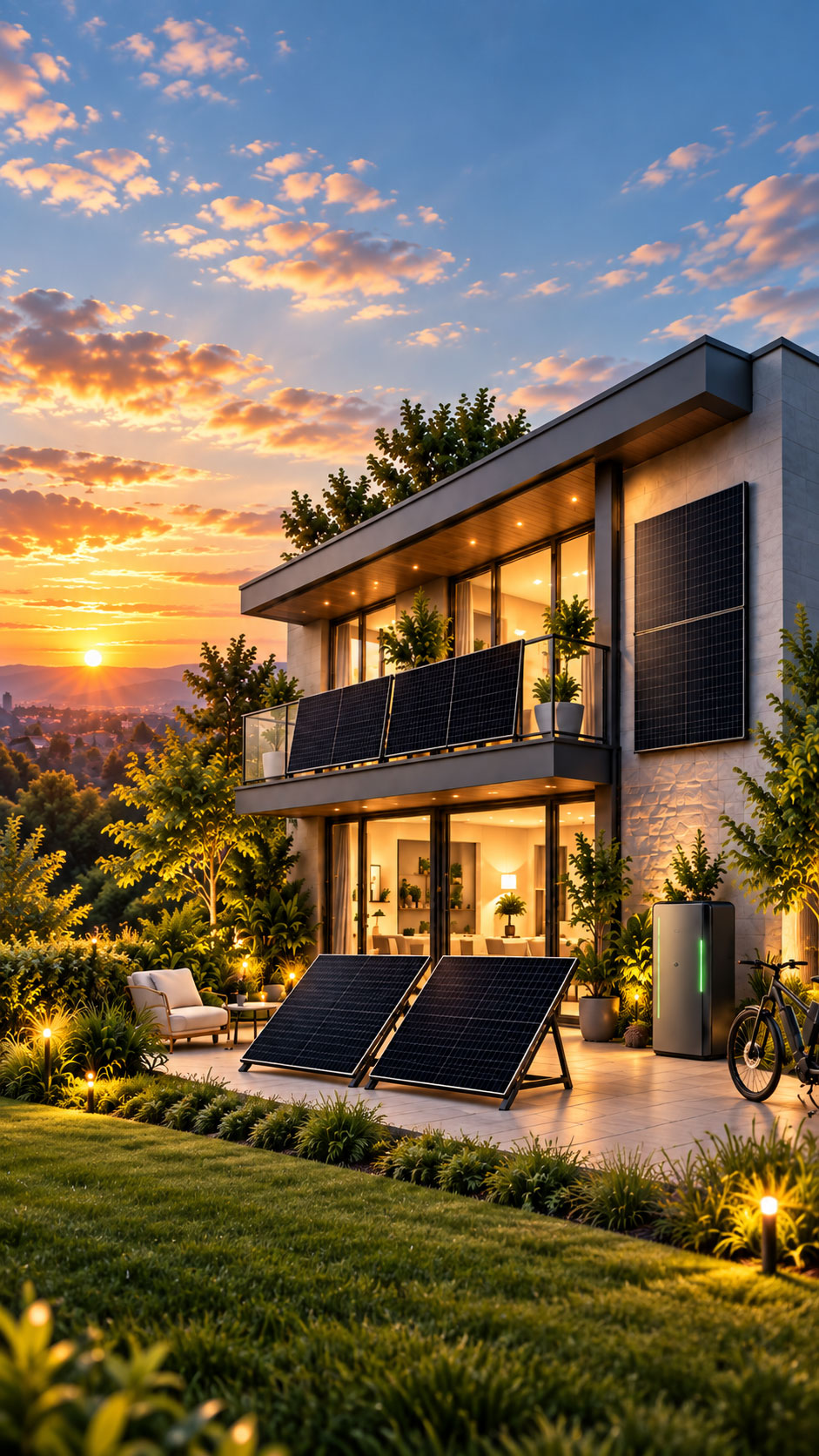 Modernes Wohnhaus mit schwarzen Balkon-Solarmodulen in der Dämmerung